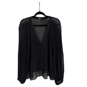 Express Sheer Long Sleeve Pleated Loose Fit Button Down Black Blouse Size XL